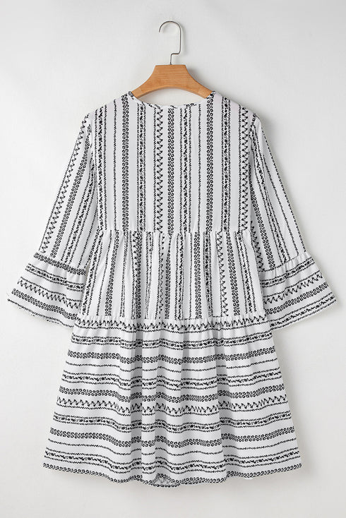 Striped V Neck Bell Sleeve A Line Mini Dress