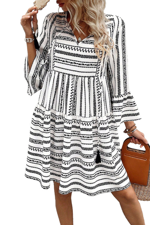 Striped V Neck Bell Sleeve A Line Mini Dress