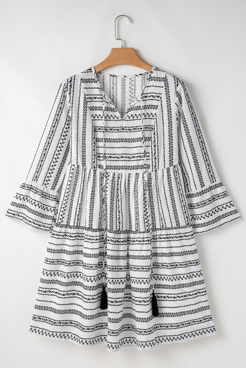 Striped V Neck Bell Sleeve A Line Mini Dress