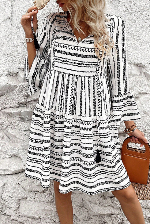 Striped V Neck Bell Sleeve A Line Mini Dress