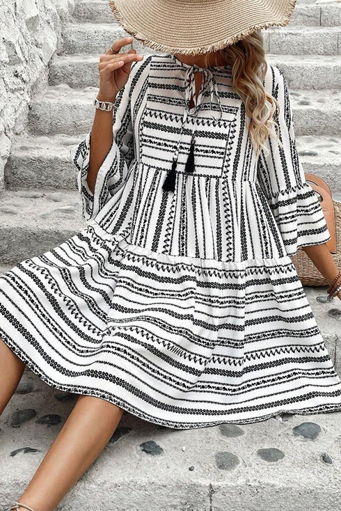 Striped V Neck Bell Sleeve A Line Mini Dress