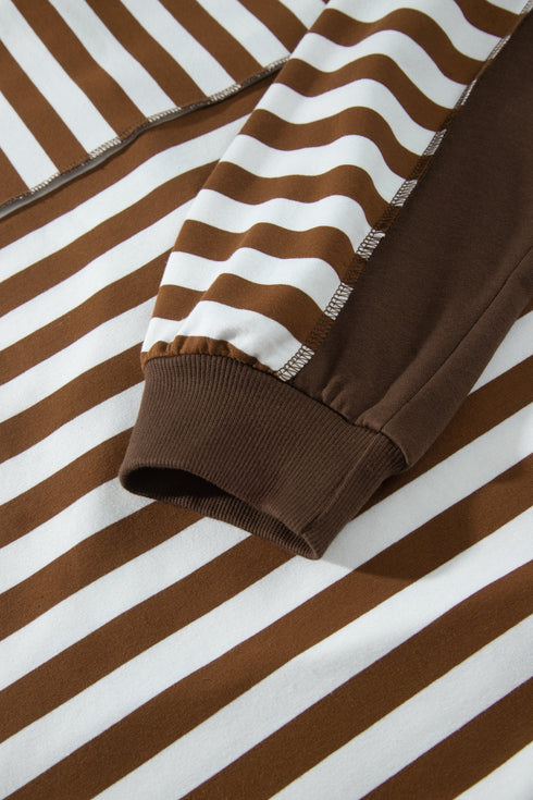 Striped V Neck Button Tunic Ribbed Cuff Pullover Sweatshirt