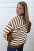 Striped V Neck Button Tunic Ribbed Cuff Pullover Sweatshirt