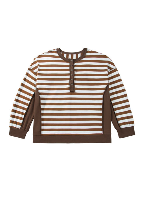 Striped V Neck Button Tunic Ribbed Cuff Pullover Sweatshirt