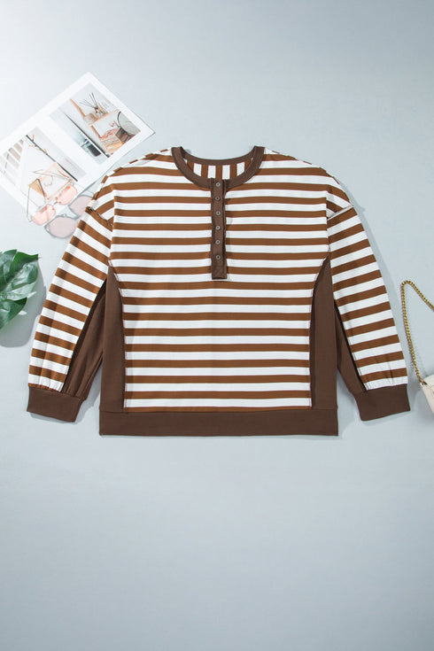 Striped V Neck Button Tunic Ribbed Cuff Pullover Sweatshirt