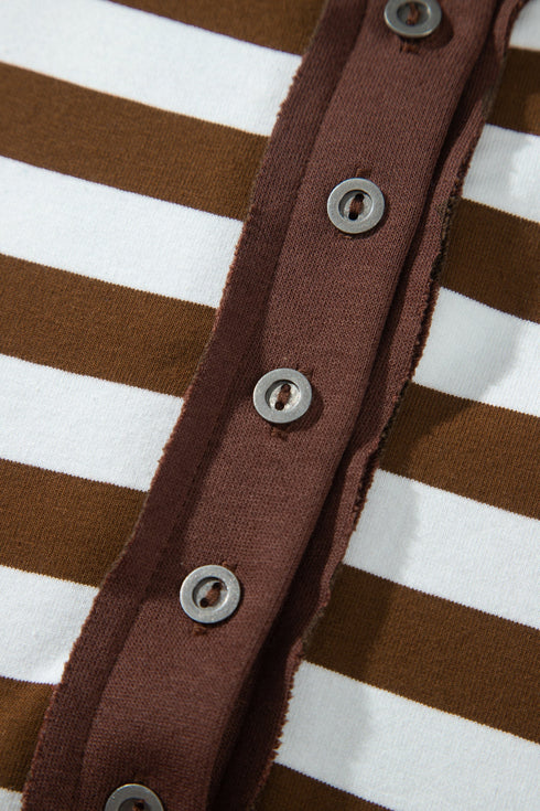 Striped V Neck Button Tunic Ribbed Cuff Pullover Sweatshirt