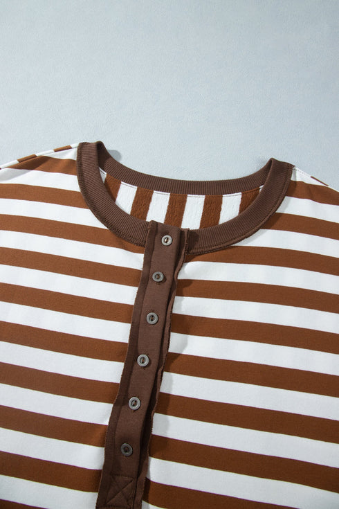Striped V Neck Button Tunic Ribbed Cuff Pullover Sweatshirt