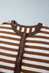 Striped V Neck Button Tunic Ribbed Cuff Pullover Sweatshirt