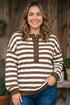 Striped V Neck Button Tunic Ribbed Cuff Pullover Sweatshirt