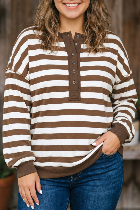 Striped V Neck Button Tunic Ribbed Cuff Pullover Sweatshirt