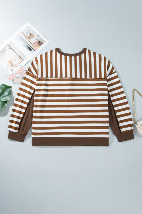 Striped V Neck Button Tunic Ribbed Cuff Pullover Sweatshirt