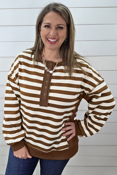 Striped V Neck Button Tunic Ribbed Cuff Pullover Sweatshirt