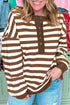 Striped V Neck Button Tunic Ribbed Cuff Pullover Sweatshirt