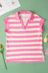 Striped V Neck Collared Cap Sleeve Knit Top