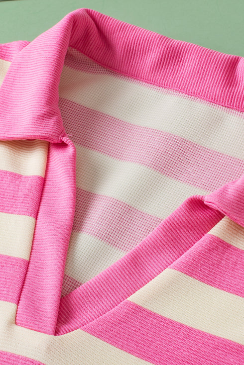 Striped V Neck Collared Cap Sleeve Knit Top