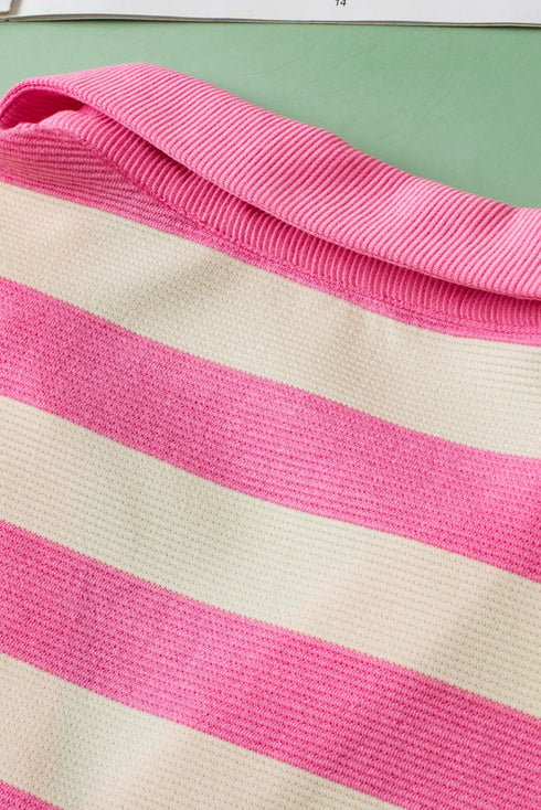 Striped V Neck Collared Cap Sleeve Knit Top