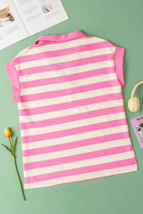 Striped V Neck Collared Cap Sleeve Knit Top