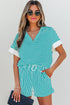 Striped V Neck Contrast Cuff Top And Drawstring Short Lounge Set