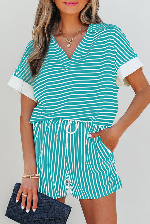 Striped V Neck Contrast Cuff Top And Drawstring Short Lounge Set