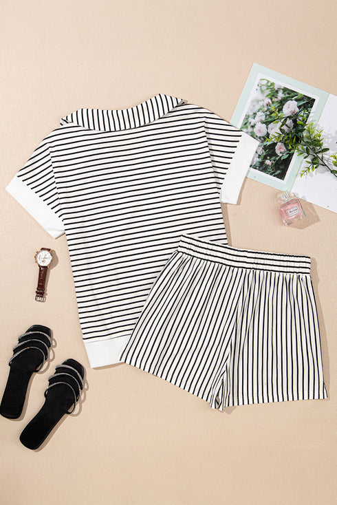 Striped V Neck Contrast Cuff Top And Drawstring Short Lounge Set