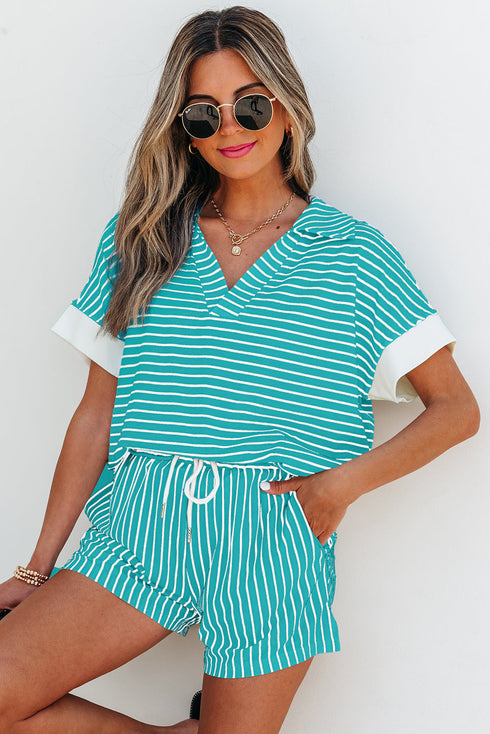 Striped V Neck Contrast Cuff Top And Drawstring Short Lounge Set