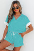 Striped V Neck Contrast Cuff Top And Drawstring Short Lounge Set