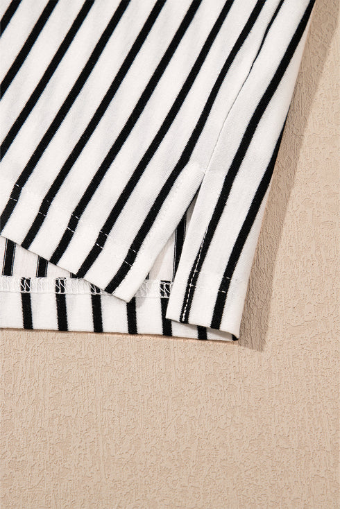 Striped V Neck Contrast Cuff Top And Drawstring Short Lounge Set