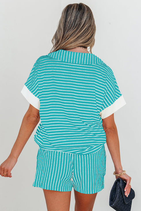 Striped V Neck Contrast Cuff Top And Drawstring Short Lounge Set
