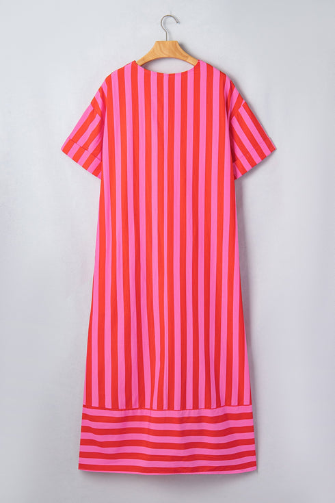 Striped V Neck Cuffed Sleeve Relaxed Split Midi Dress