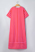 Striped V Neck Cuffed Sleeve Relaxed Split Midi Dress