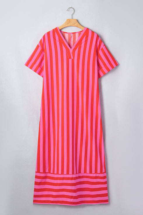 Striped V Neck Cuffed Sleeve Relaxed Split Midi Dress