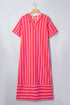 Striped V Neck Cuffed Sleeve Relaxed Split Midi Dress