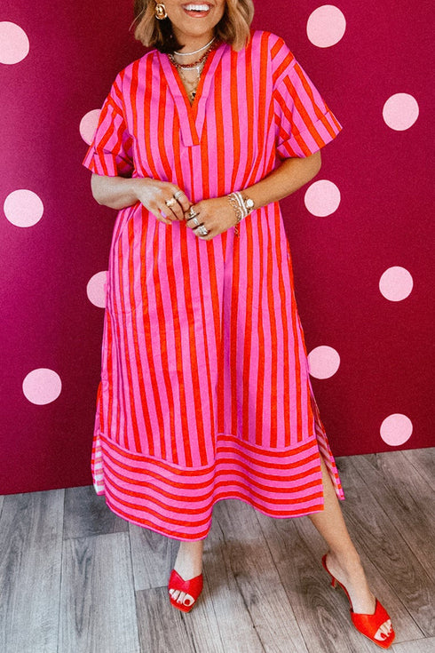 Striped V Neck Cuffed Sleeve Relaxed Split Midi Dress