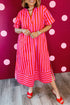 Striped V Neck Cuffed Sleeve Relaxed Split Midi Dress