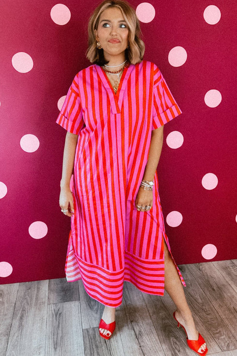Striped V Neck Cuffed Sleeve Relaxed Split Midi Dress