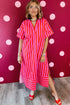 Striped V Neck Cuffed Sleeve Relaxed Split Midi Dress