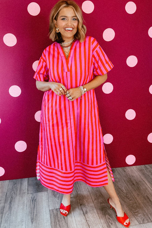 Striped V Neck Cuffed Sleeve Relaxed Split Midi Dress