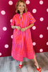 Striped V Neck Cuffed Sleeve Relaxed Split Midi Dress