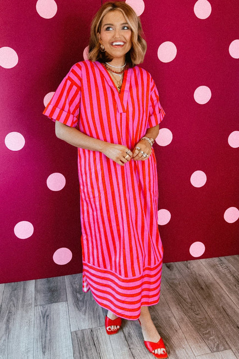 Striped V Neck Cuffed Sleeve Relaxed Split Midi Dress