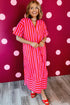 Striped V Neck Cuffed Sleeve Relaxed Split Midi Dress