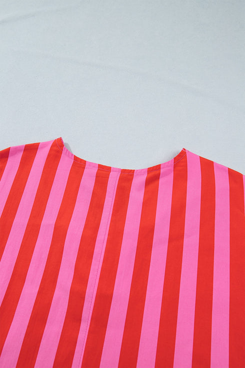 Striped V Neck Cuffed Sleeve Relaxed Split Midi Dress