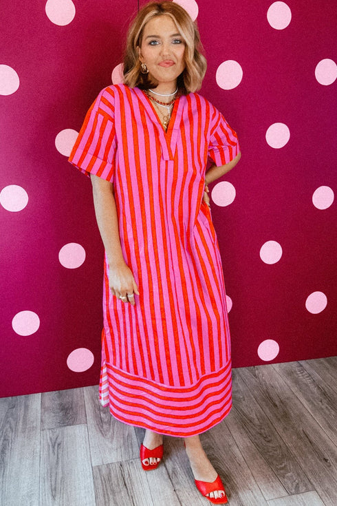 Striped V Neck Cuffed Sleeve Relaxed Split Midi Dress