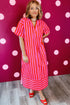 Striped V Neck Cuffed Sleeve Relaxed Split Midi Dress
