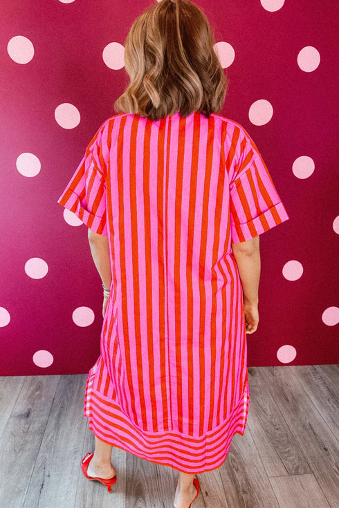 Striped V Neck Cuffed Sleeve Relaxed Split Midi Dress