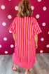 Striped V Neck Cuffed Sleeve Relaxed Split Midi Dress