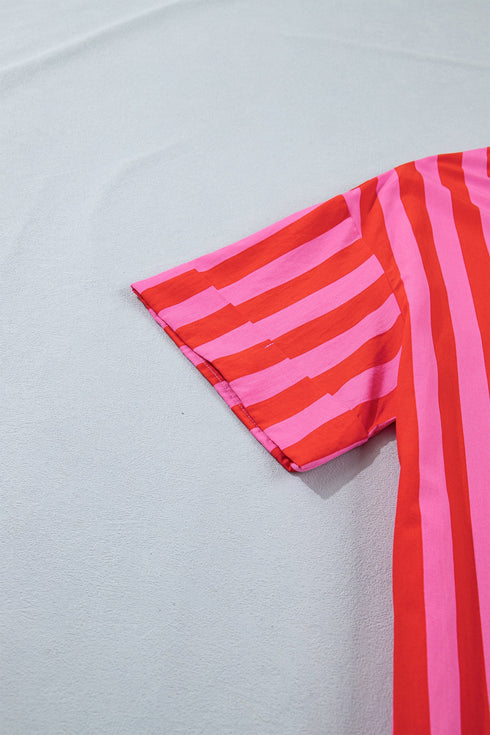 Striped V Neck Cuffed Sleeve Relaxed Split Midi Dress
