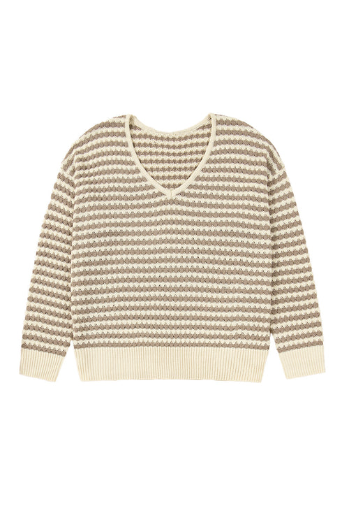 Striped V Neck Drop Shoulder Knit Pullover Sweater