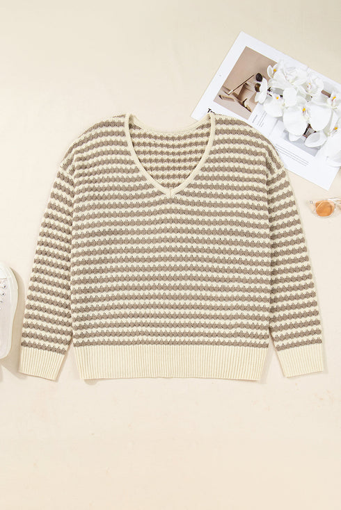 Striped V Neck Drop Shoulder Knit Pullover Sweater