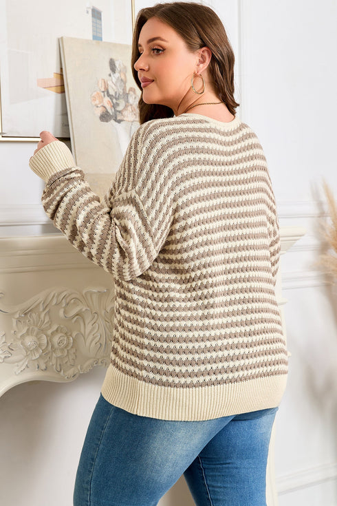 Striped V Neck Drop Shoulder Knit Pullover Sweater