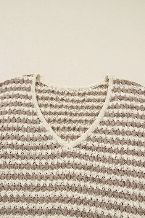 Striped V Neck Drop Shoulder Knit Pullover Sweater